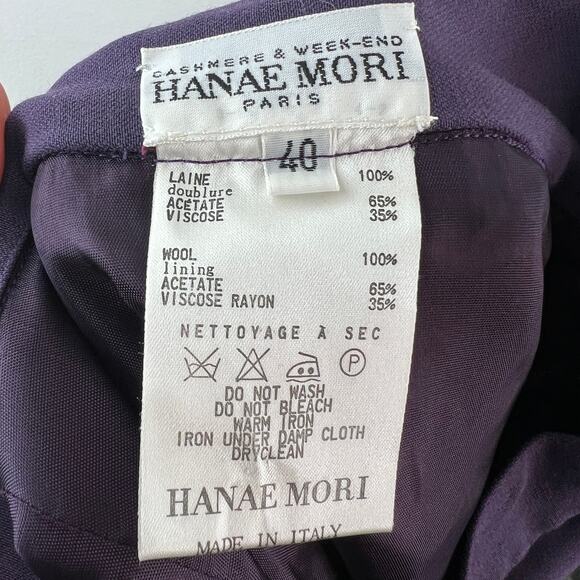 VINTAGE Hanae Mori Purple Pencil Skirt Wool Gold Button Knee Double Split 40 - Picture 8 of 8